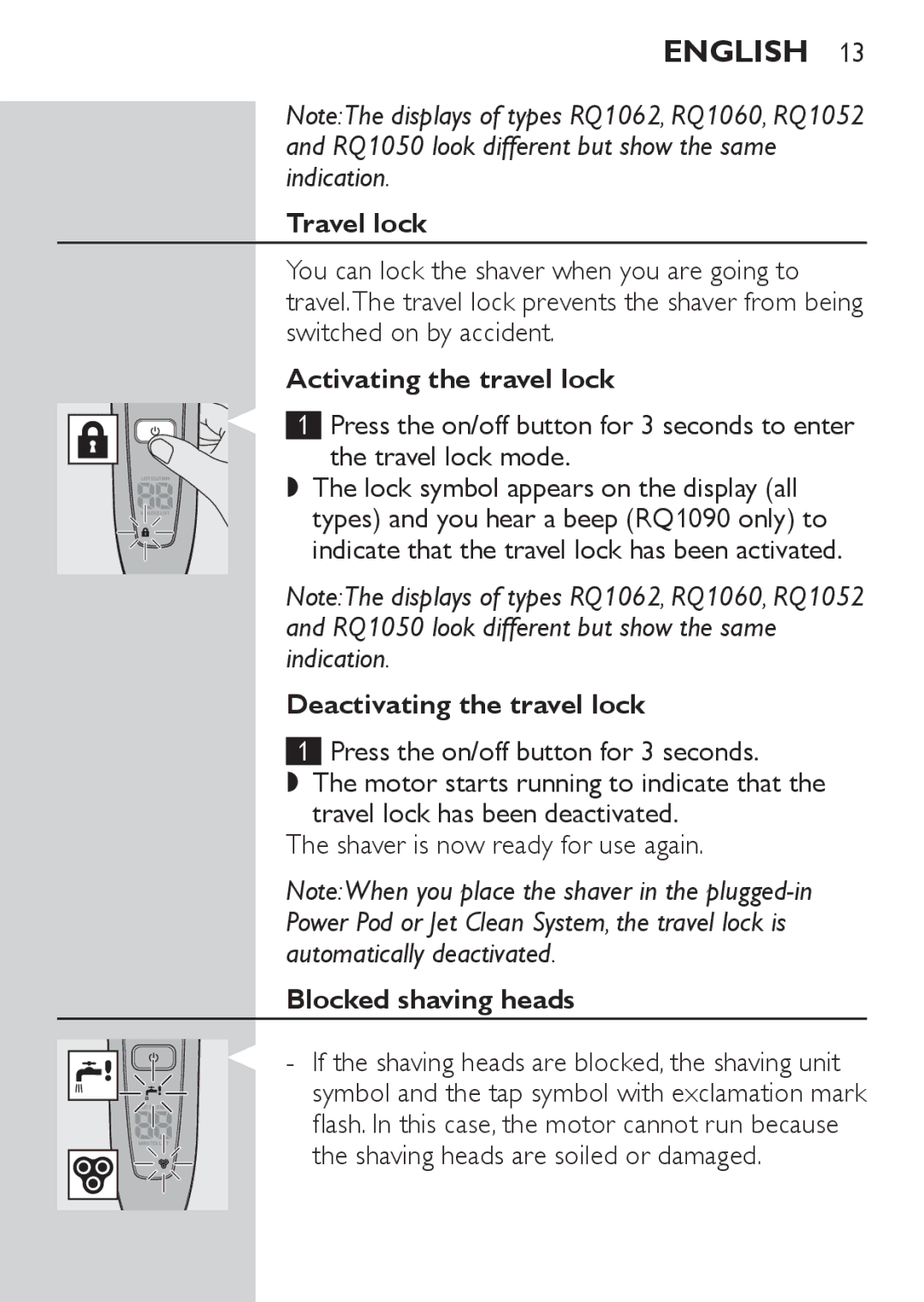 Philips RQ1077, RQ1087 manual Travel lock, Activating the travel lock, Deactivating the travel lock, Blocked shaving heads 