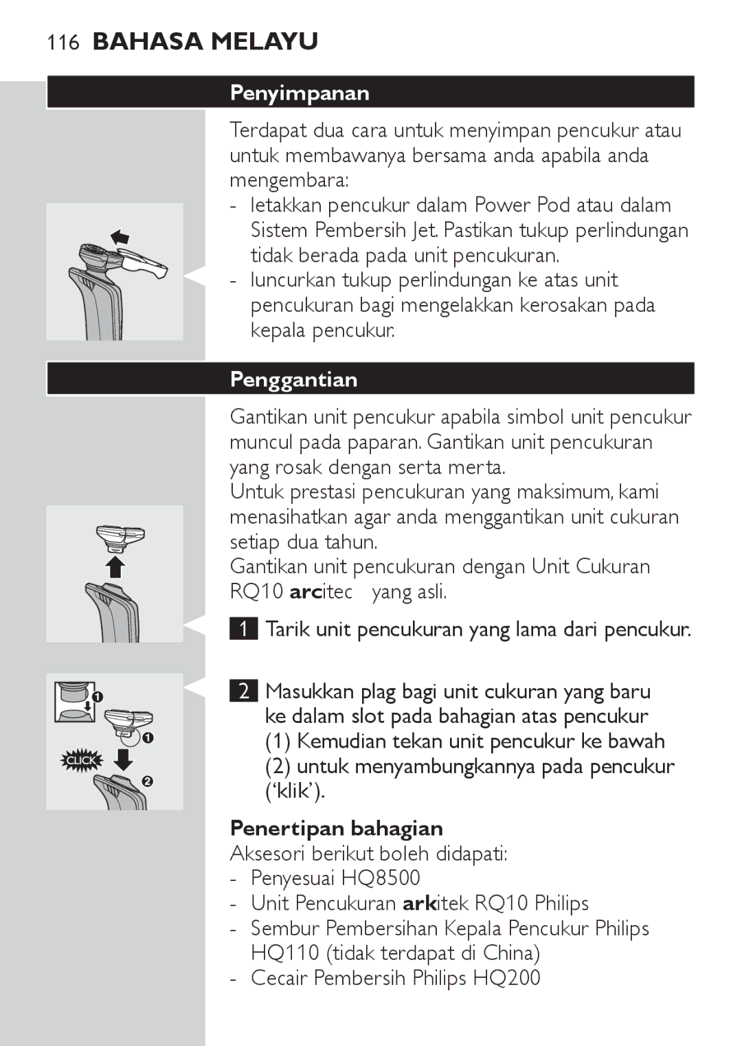 Philips RQ1087, RQ1077 manual Penertipan bahagian, Cecair Pembersih Philips HQ200 