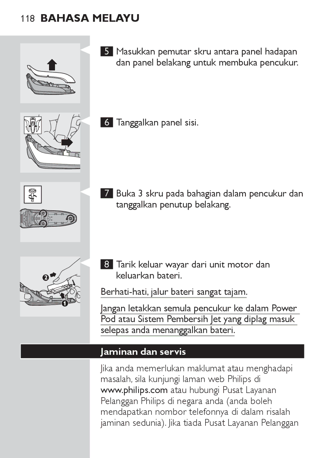 Philips RQ1087, RQ1077 manual Tanggalkan panel sisi, Jaminan dan servis 