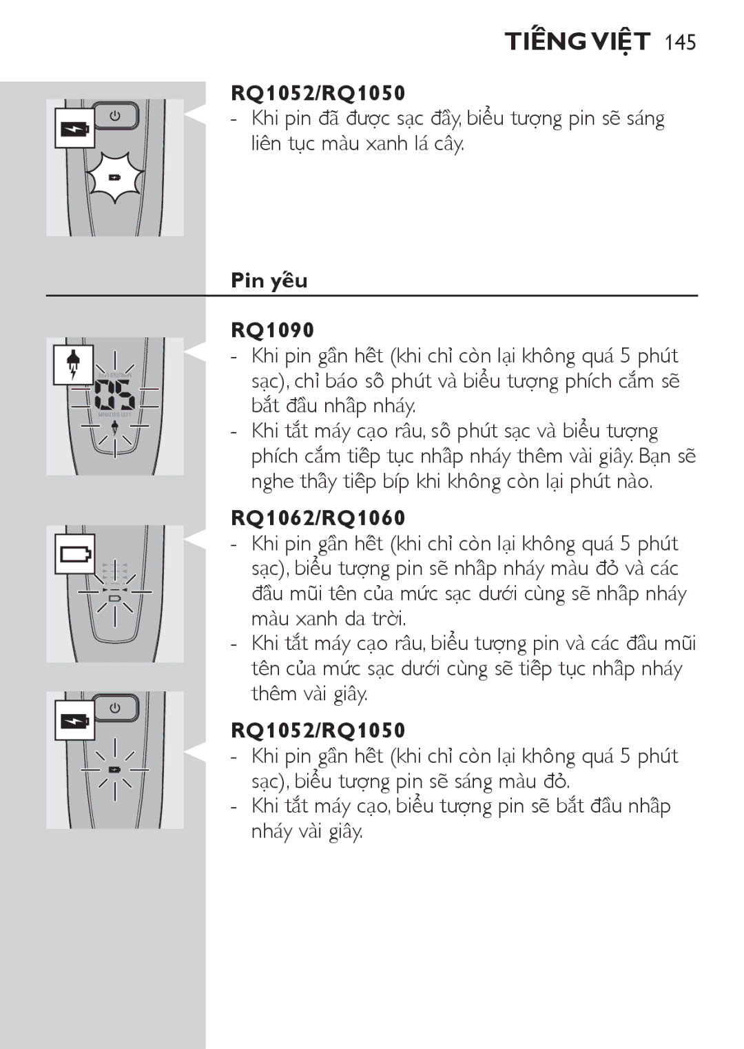 Philips RQ1077, RQ1087 manual Pin yếu RQ1090 