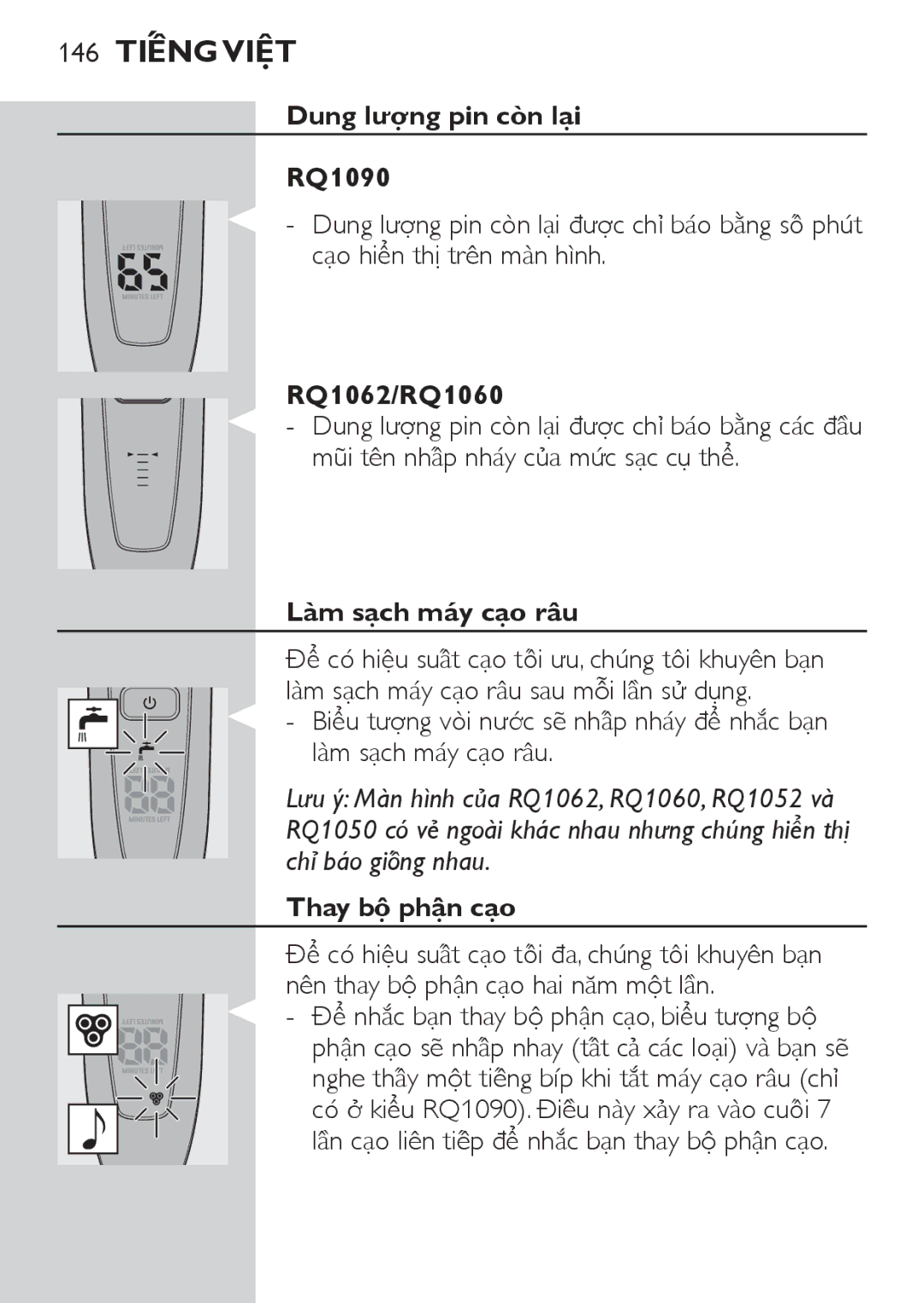 Philips RQ1087, RQ1077 manual 146 Tiếng Việt, Dung lượ̣ng pin còn lại RQ1090, Là̀m sạch má́y cạo râu, Thay bộ phận cao 