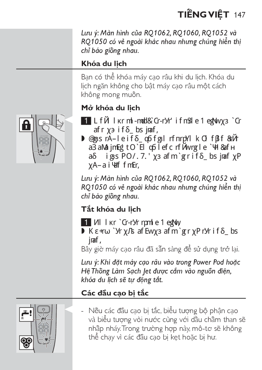 Philips RQ1077, RQ1087 manual Khóa du lịch, Mở khóa du lịch, Tắt khóa du lịch, Các đầu cao bị̣ tắ́c 