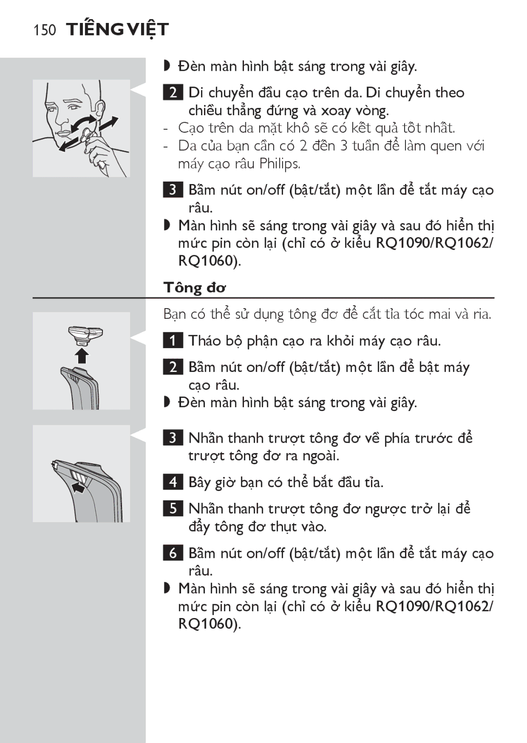 Philips RQ1087, RQ1077 manual 150 Tiếng Việt, Tông đơ 