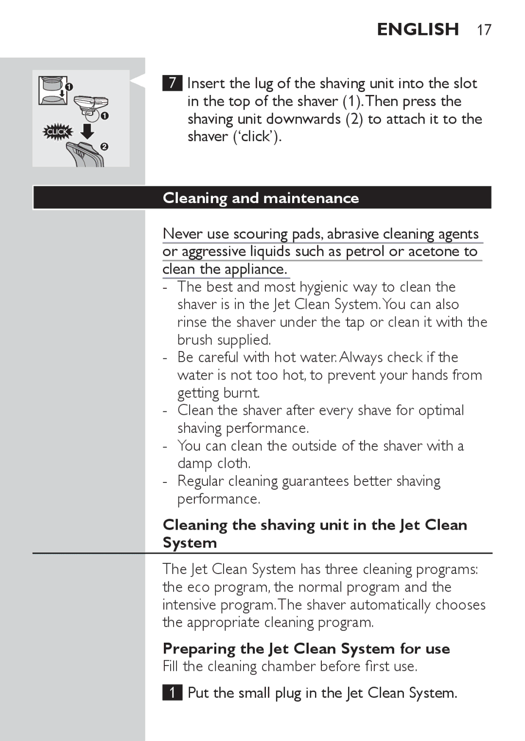 Philips RQ1077, RQ1087 manual Cleaning and maintenance, Cleaning the shaving unit in the Jet Clean System 