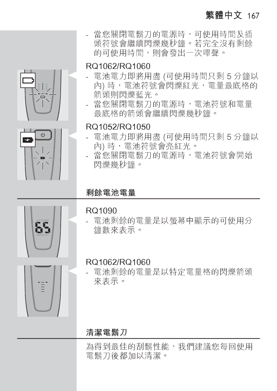 Philips RQ1077, RQ1087 manual 剩餘電池電量 