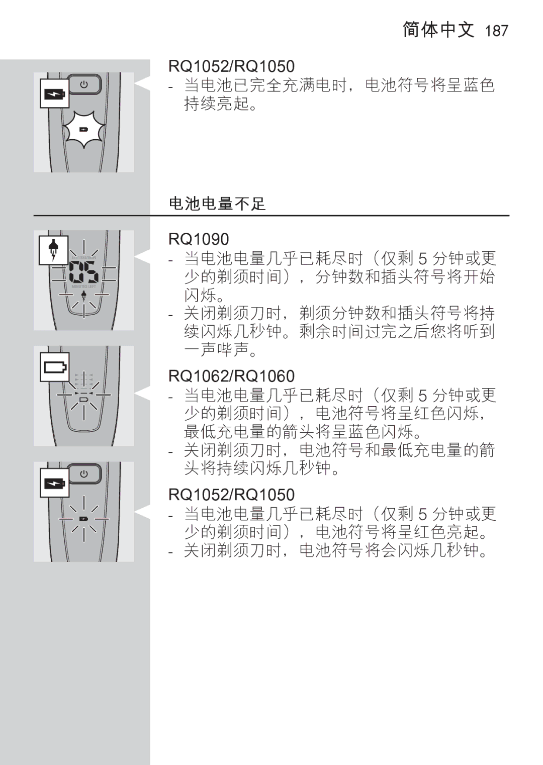 Philips RQ1077, RQ1087 manual 电池电量不足 