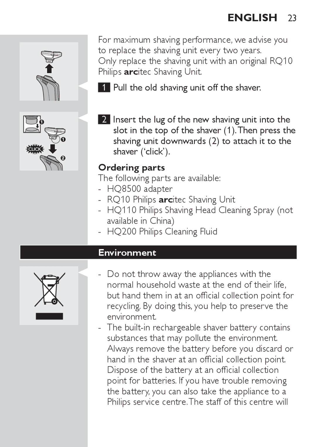 Philips RQ1077, RQ1087 manual Ordering parts, Environment 