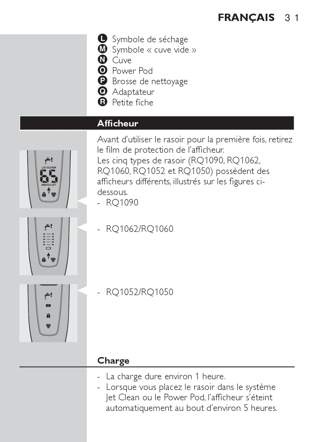 Philips RQ1077, RQ1087 manual Afficheur, Charge 