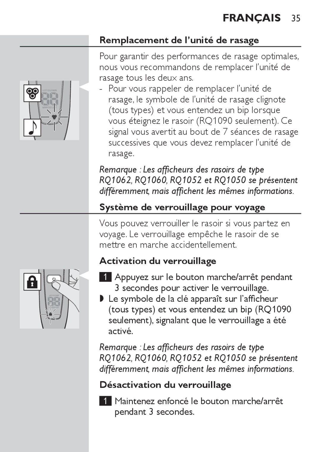 Philips RQ1077, RQ1087 Remplacement de l’unité de rasage, Système de verrouillage pour voyage, Activation du verrouillage 