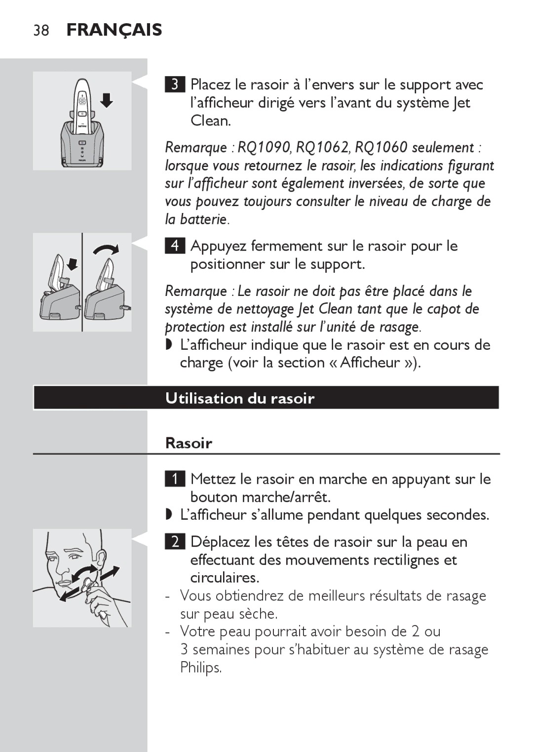 Philips RQ1087, RQ1077 manual Utilisation du rasoir, Rasoir 