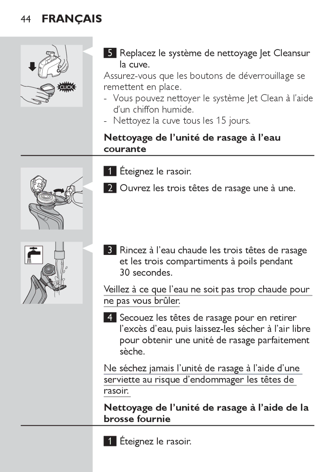 Philips RQ1087, RQ1077 manual Nettoyage de l’unité de rasage à l’eau courante, Éteignez le rasoir 