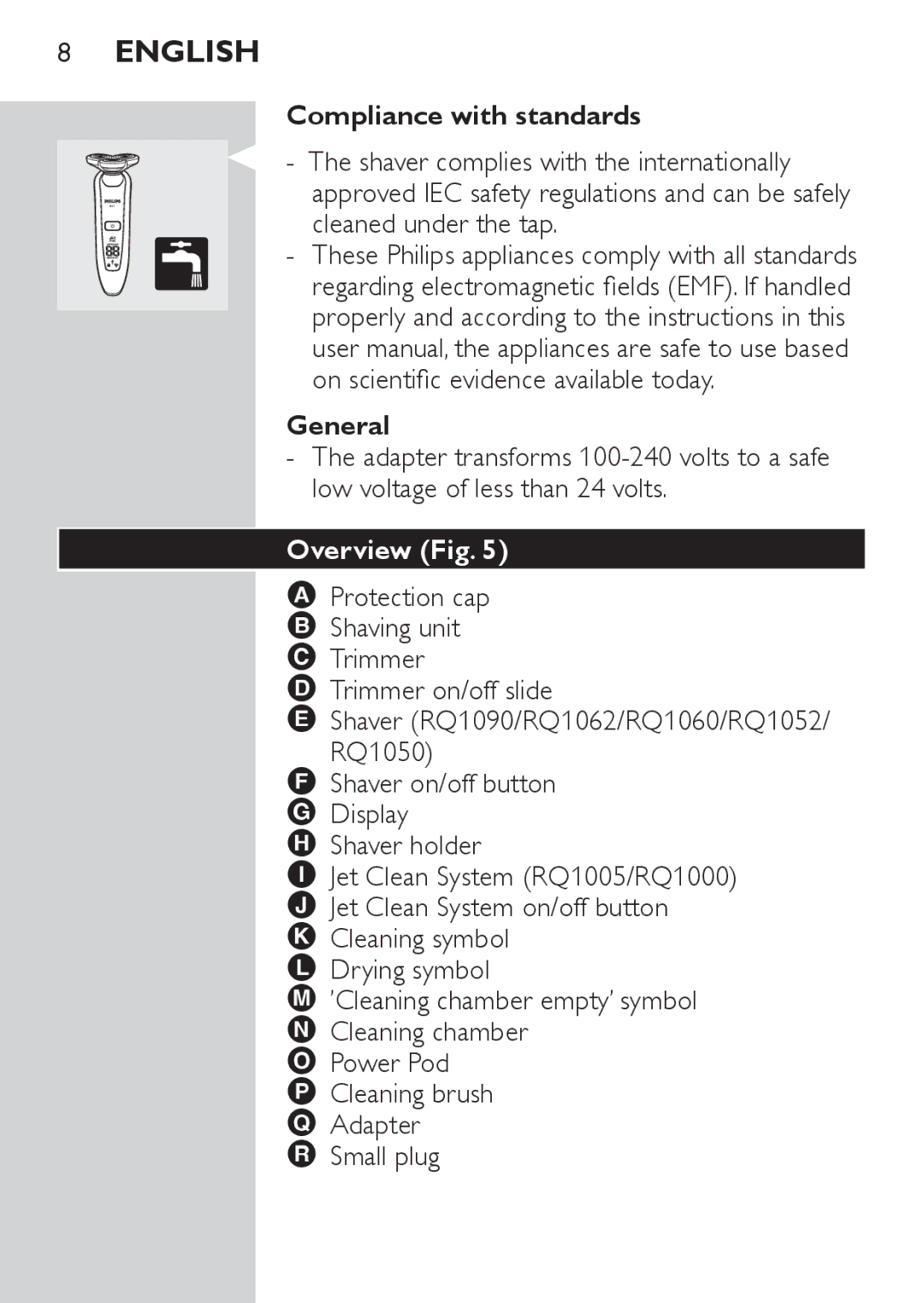 Philips RQ1087, RQ1077 manual English, Compliance with standards, General, Overview Fig 