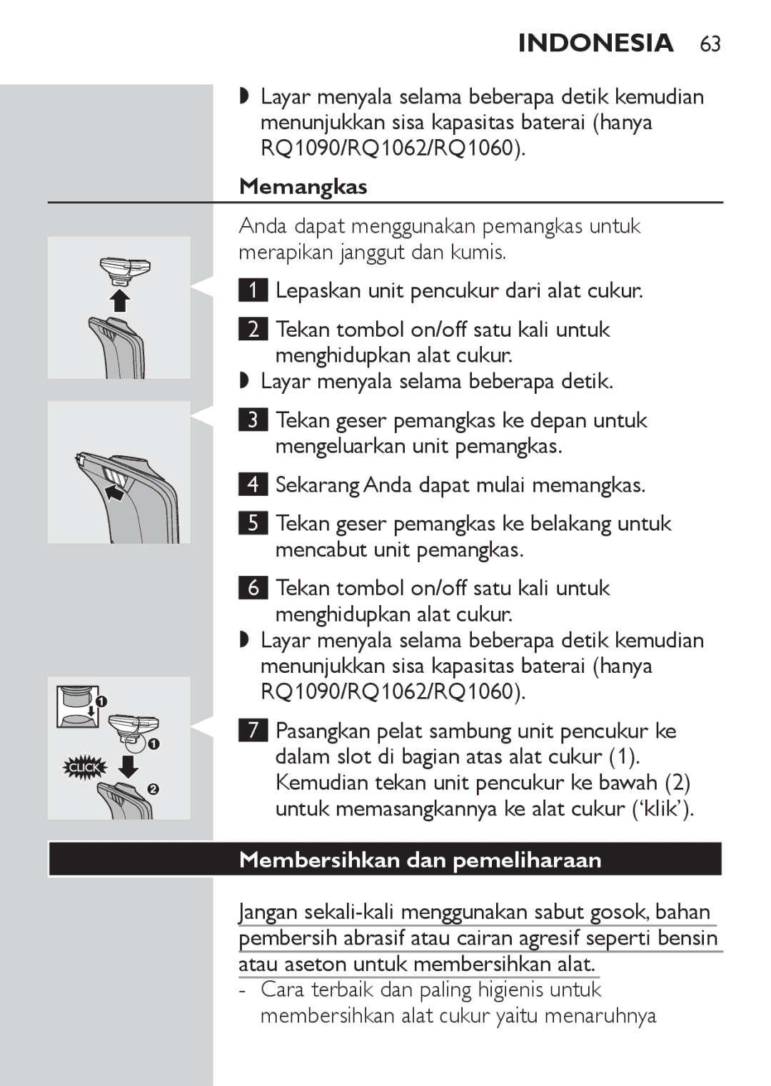 Philips RQ1077, RQ1087 manual RQ1090/RQ1062/RQ1060, Memangkas, Membersihkan dan pemeliharaan 