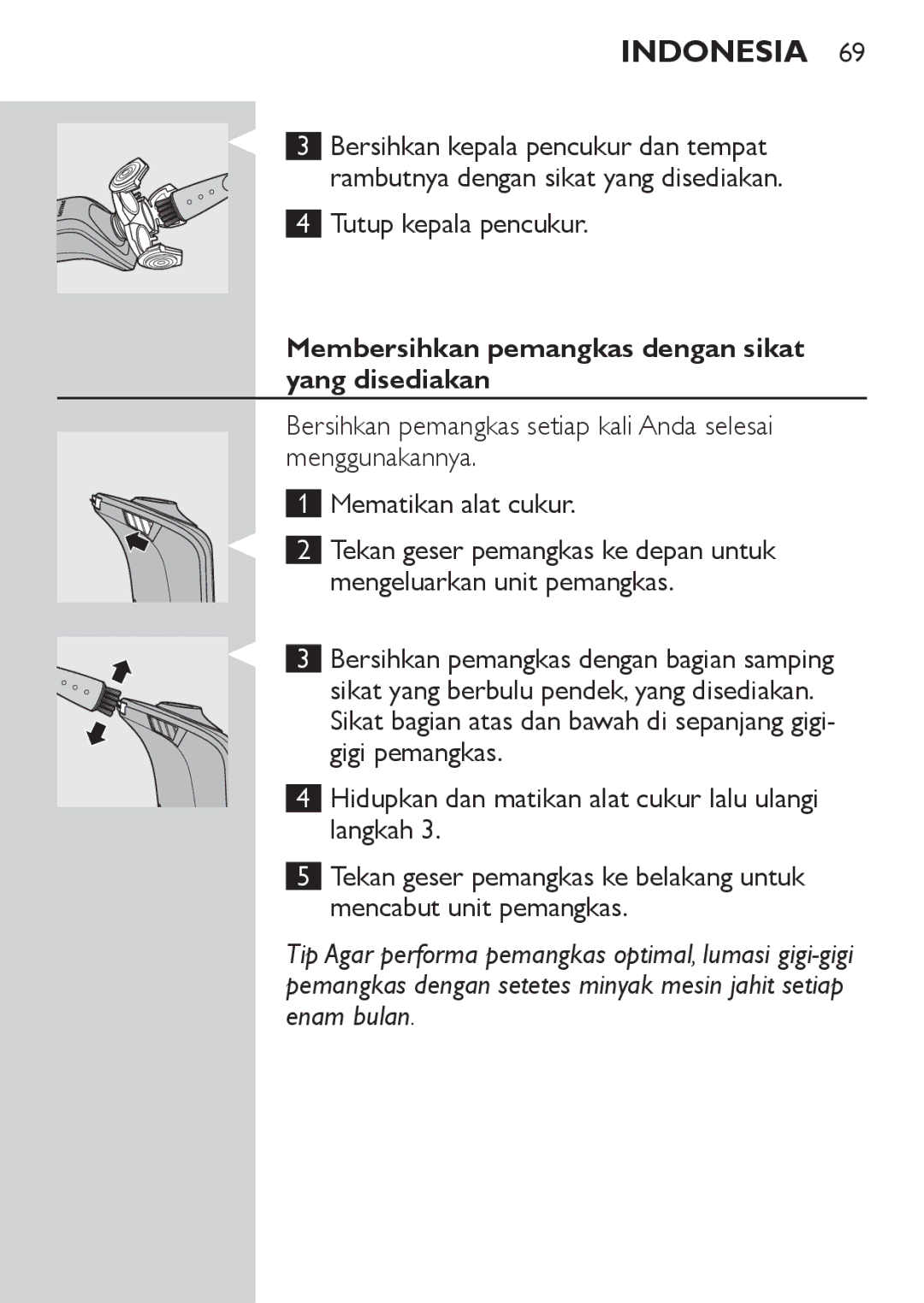 Philips RQ1077, RQ1087 manual Tutup kepala pencukur, Membersihkan pemangkas dengan sikat yang disediakan 