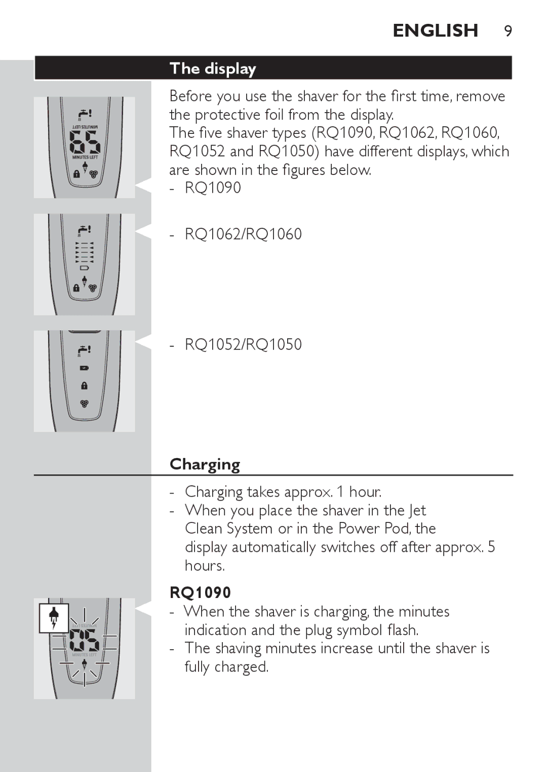 Philips RQ1077, RQ1087 manual Display, RQ1090 RQ1062/RQ1060 RQ1052/RQ1050, Charging 