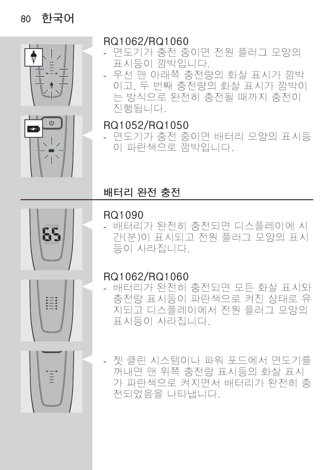 Philips RQ1087, RQ1077 manual 80 한국어, 면도기가 충전 중이면 배터리 모양의 표시등 이 파란색으로 깜박입니다, 배터리 완전 충전 RQ1090 