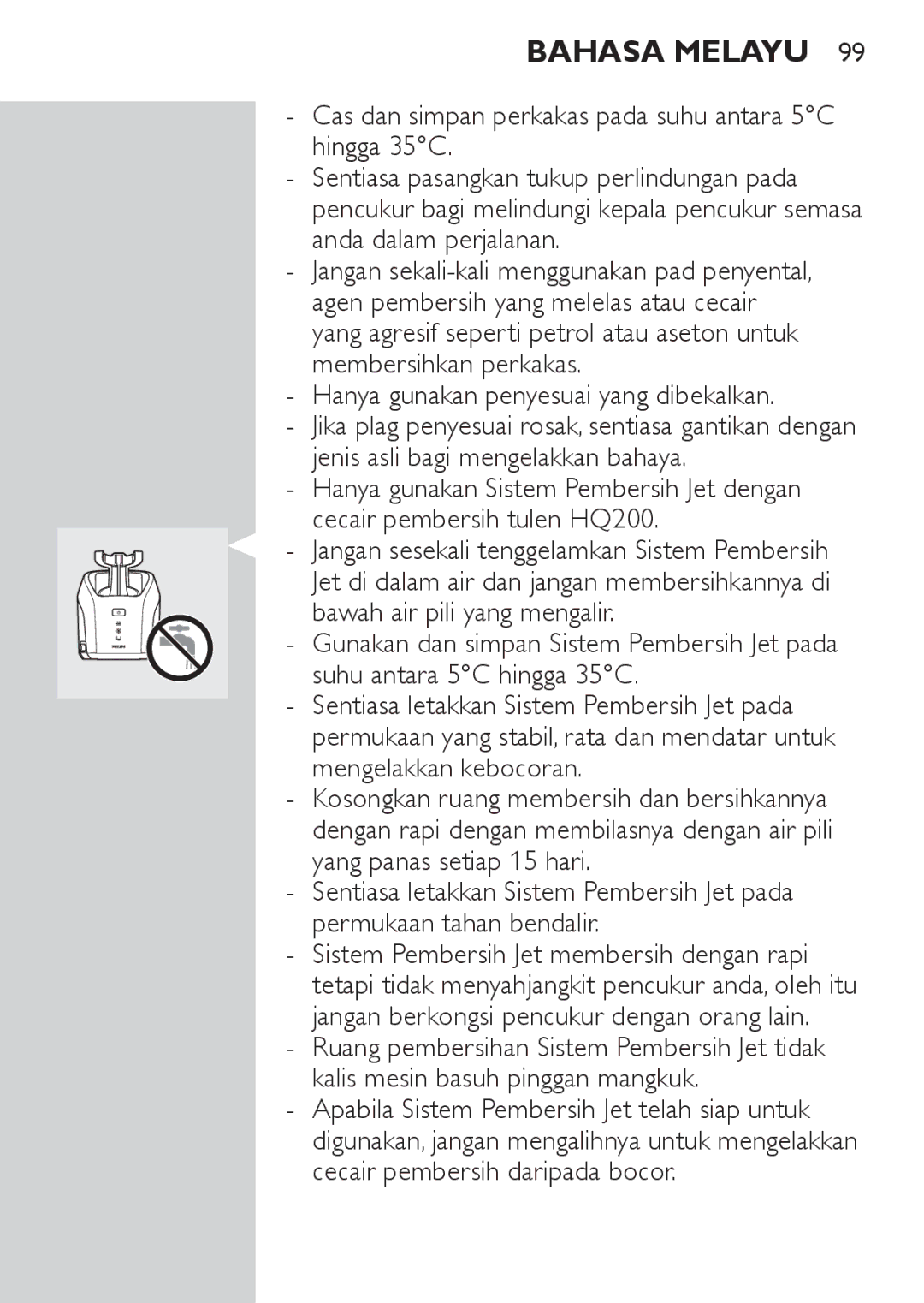 Philips RQ1077, RQ1087 manual Bahasa Melayu, Hanya gunakan penyesuai yang dibekalkan 