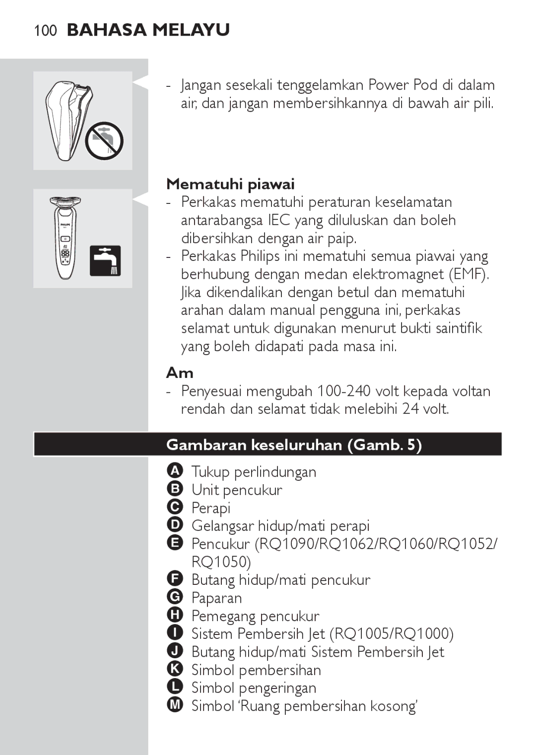 Philips RQ1087, RQ1077 manual Mematuhi piawai, Gambaran keseluruhan Gamb 