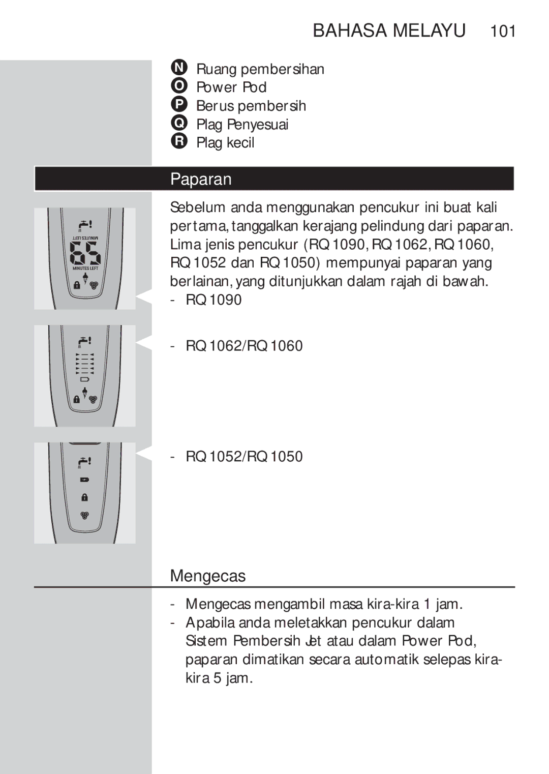 Philips RQ1077, RQ1087 manual Paparan, Mengecas 