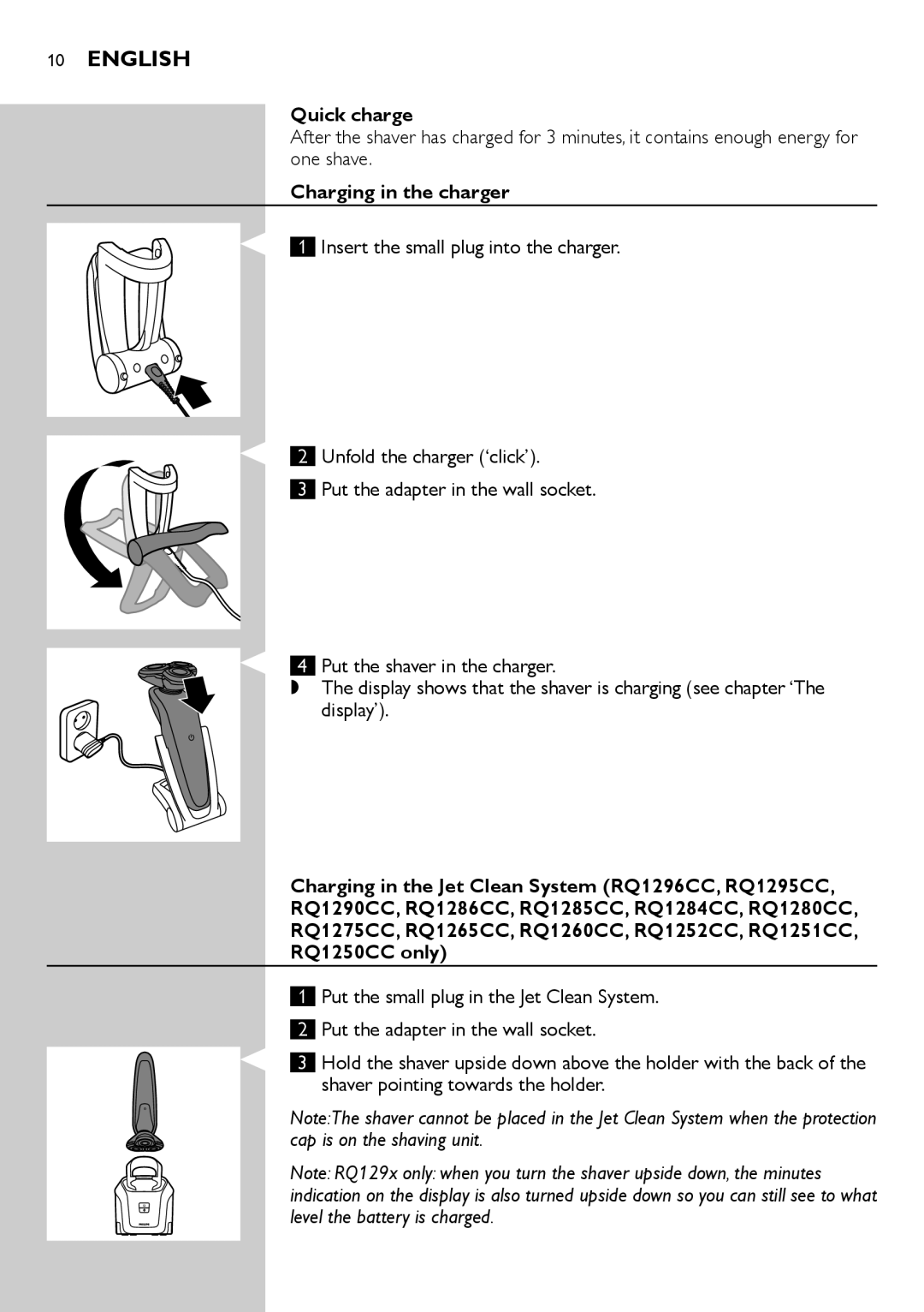 Philips RQ1200 user manual Quick charge, Charging in the charger 