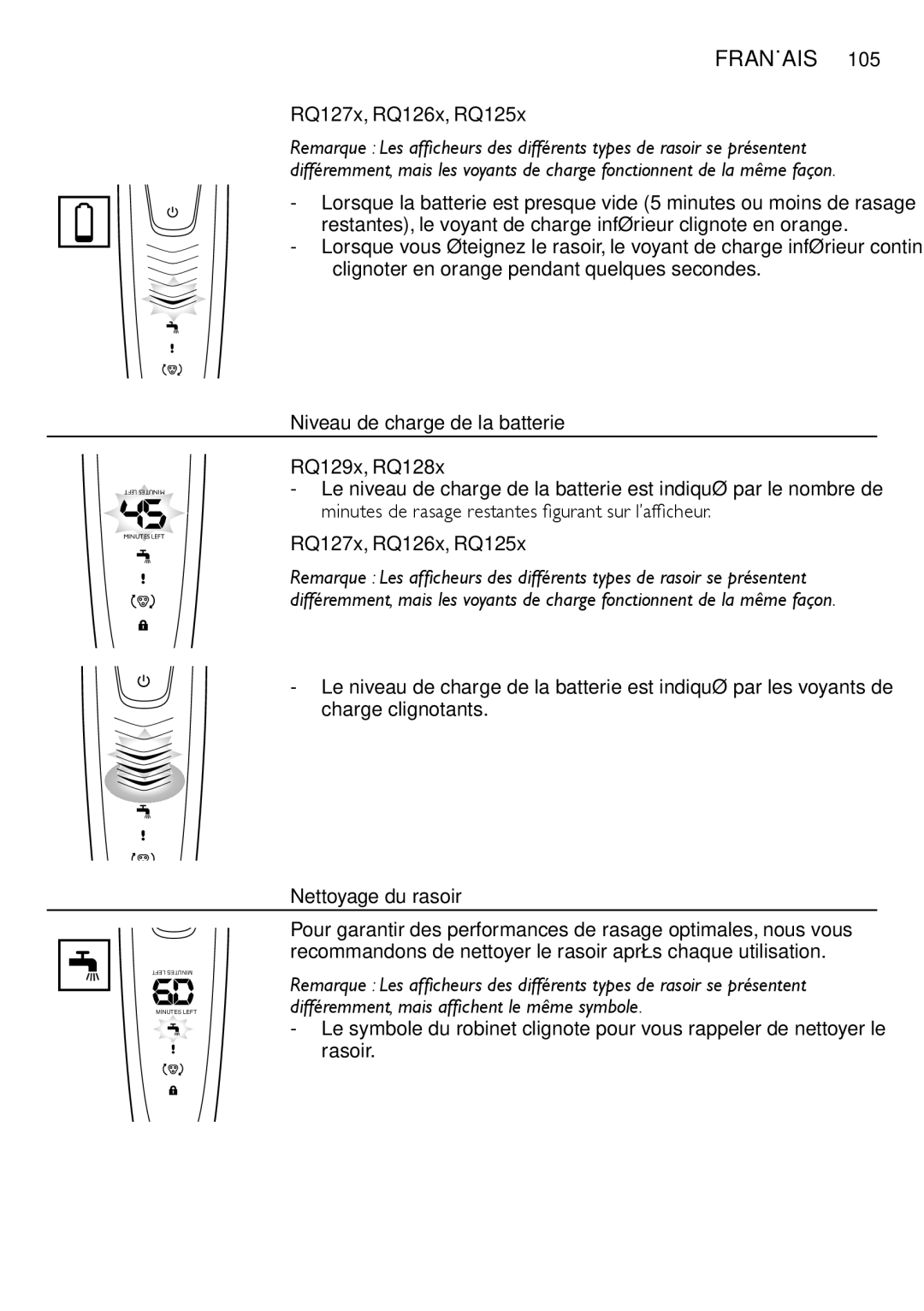 Philips RQ1200 user manual Niveau de charge de la batterie RQ129x, RQ128x, Nettoyage du rasoir 