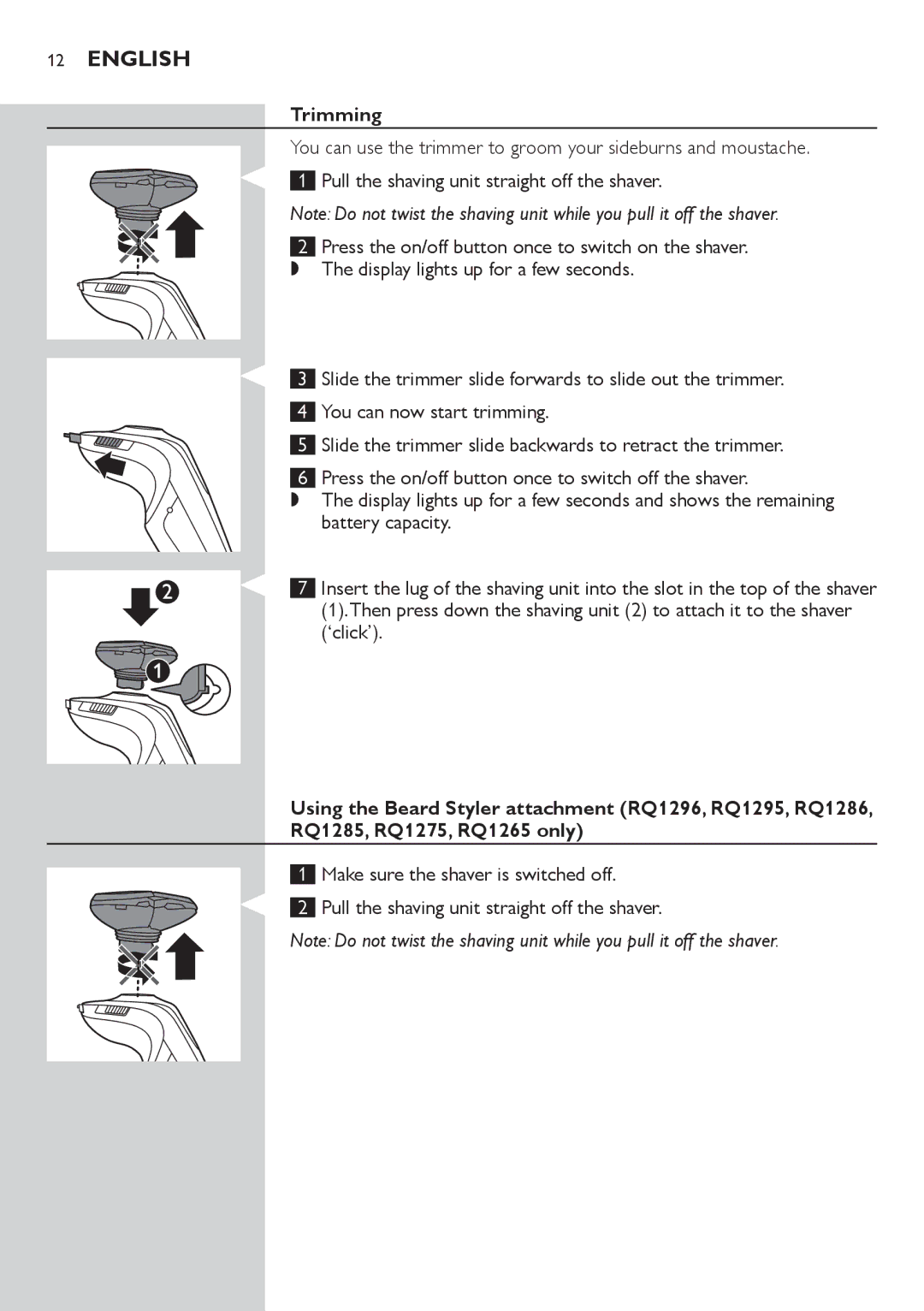 Philips RQ1200 user manual Trimming 