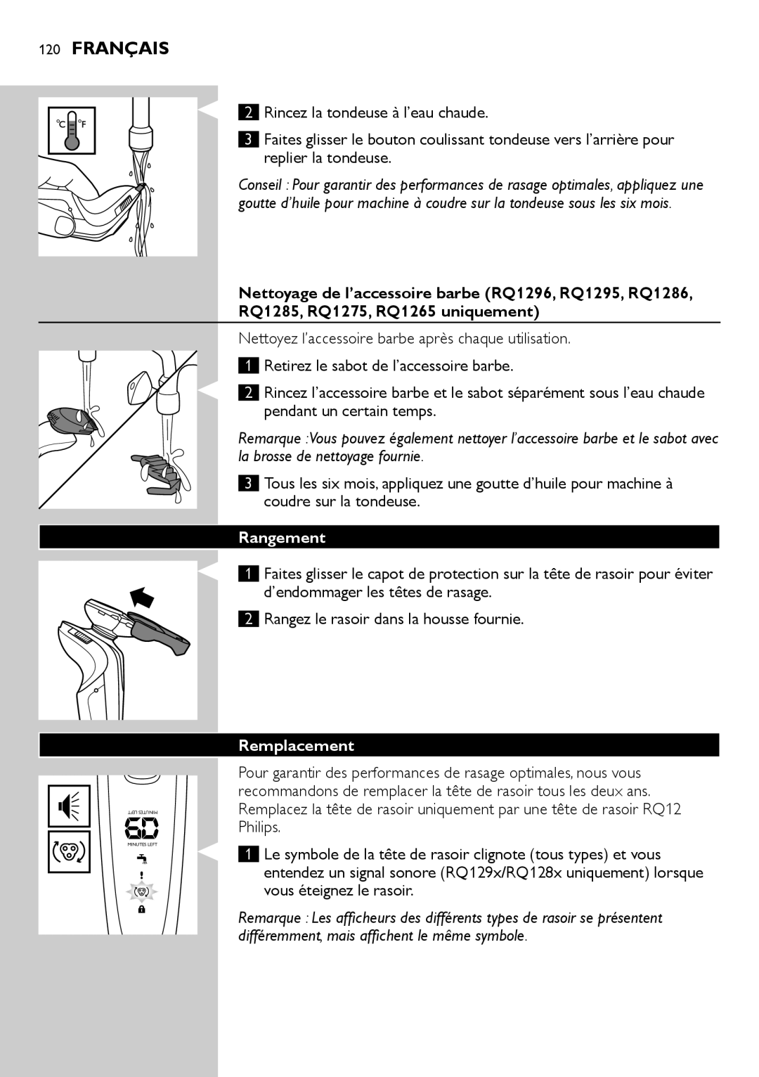 Philips RQ1200 user manual Rangement, Remplacement 