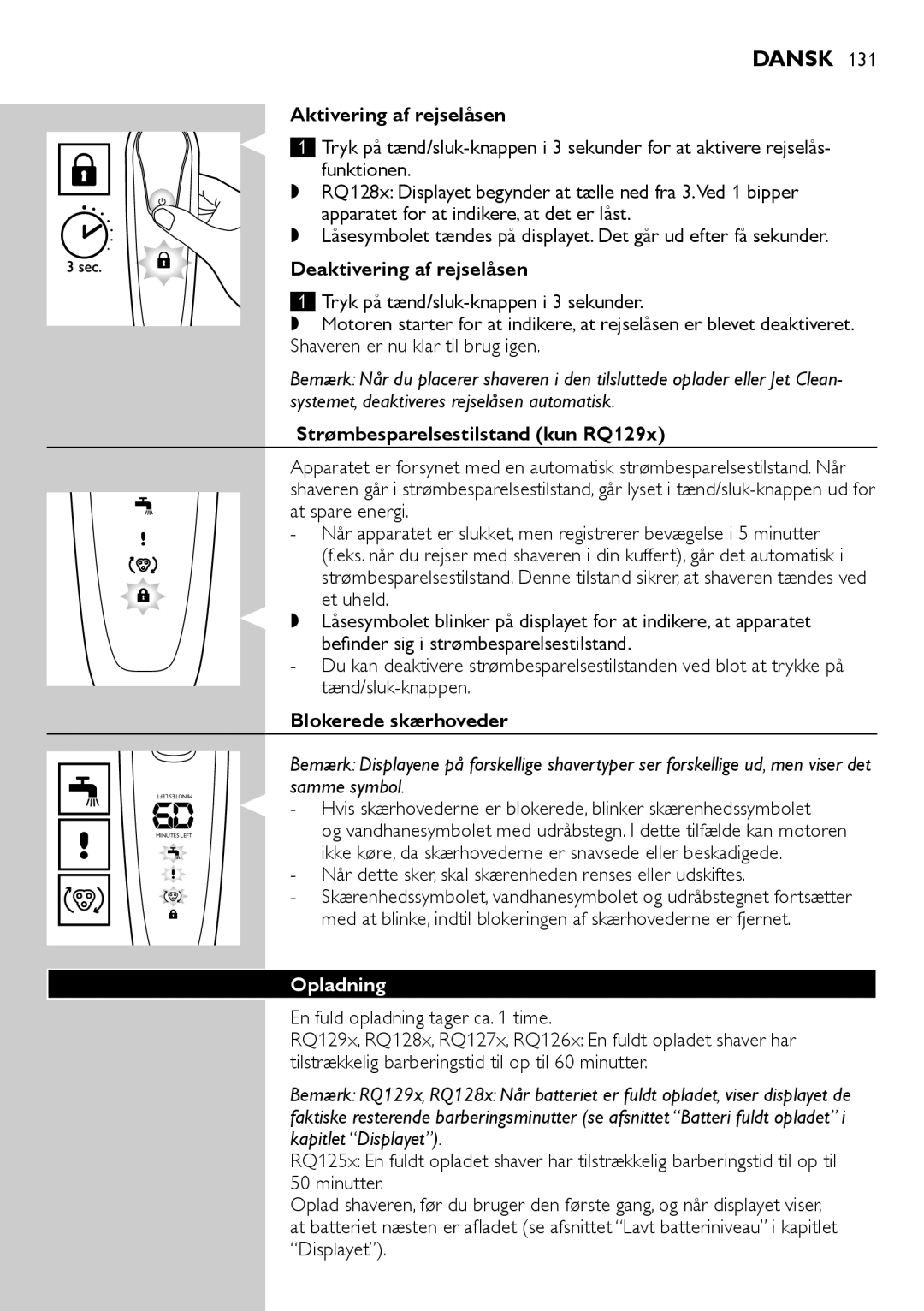 Philips RQ1200 Aktivering af rejselåsen, Deaktivering af rejselåsen, Strømbesparelsestilstand kun RQ129x, Opladning 