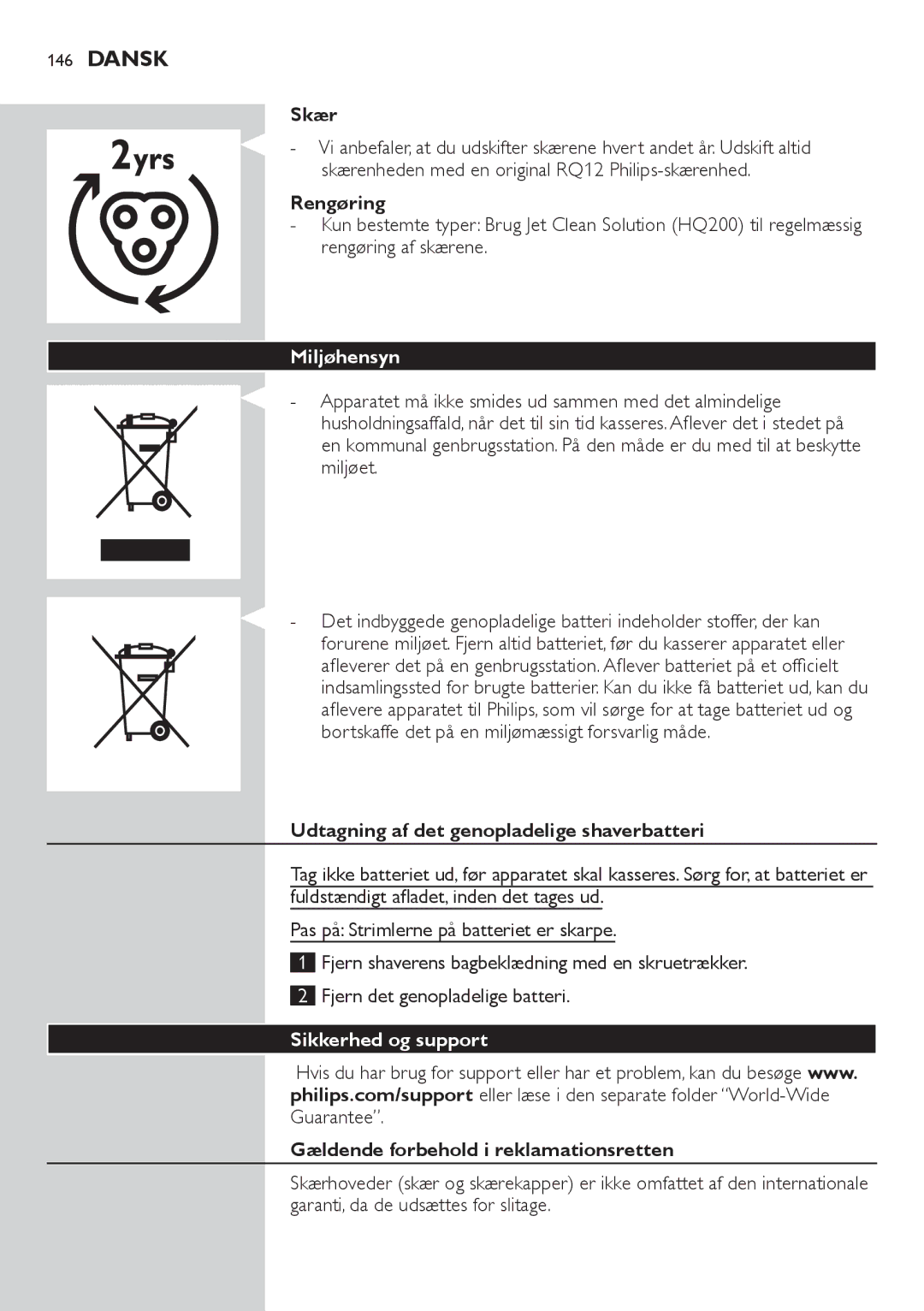 Philips RQ1200 user manual Miljøhensyn, Sikkerhed og support 