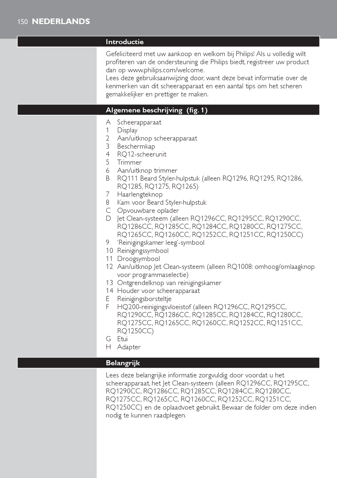 Philips RQ1200 user manual Introductie, Algemene beschrijving, Belangrijk 