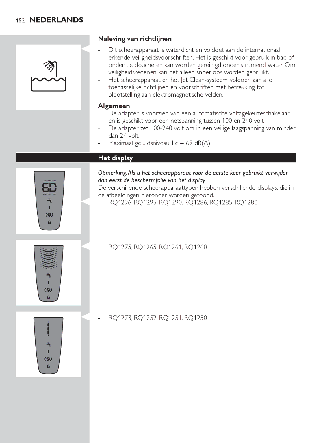 Philips RQ1200 user manual Naleving van richtlijnen, Algemeen, Het display 