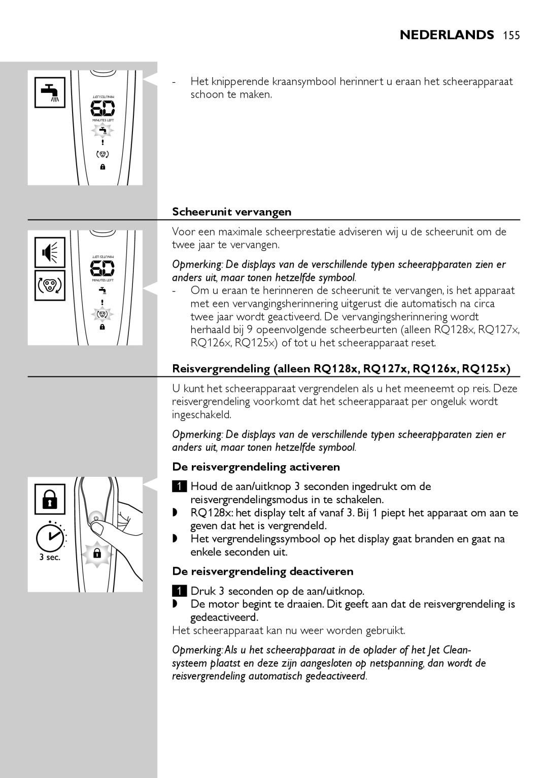 Philips RQ1200 user manual Scheerunit vervangen, Reisvergrendeling alleen RQ128x, RQ127x, RQ126x, RQ125x  