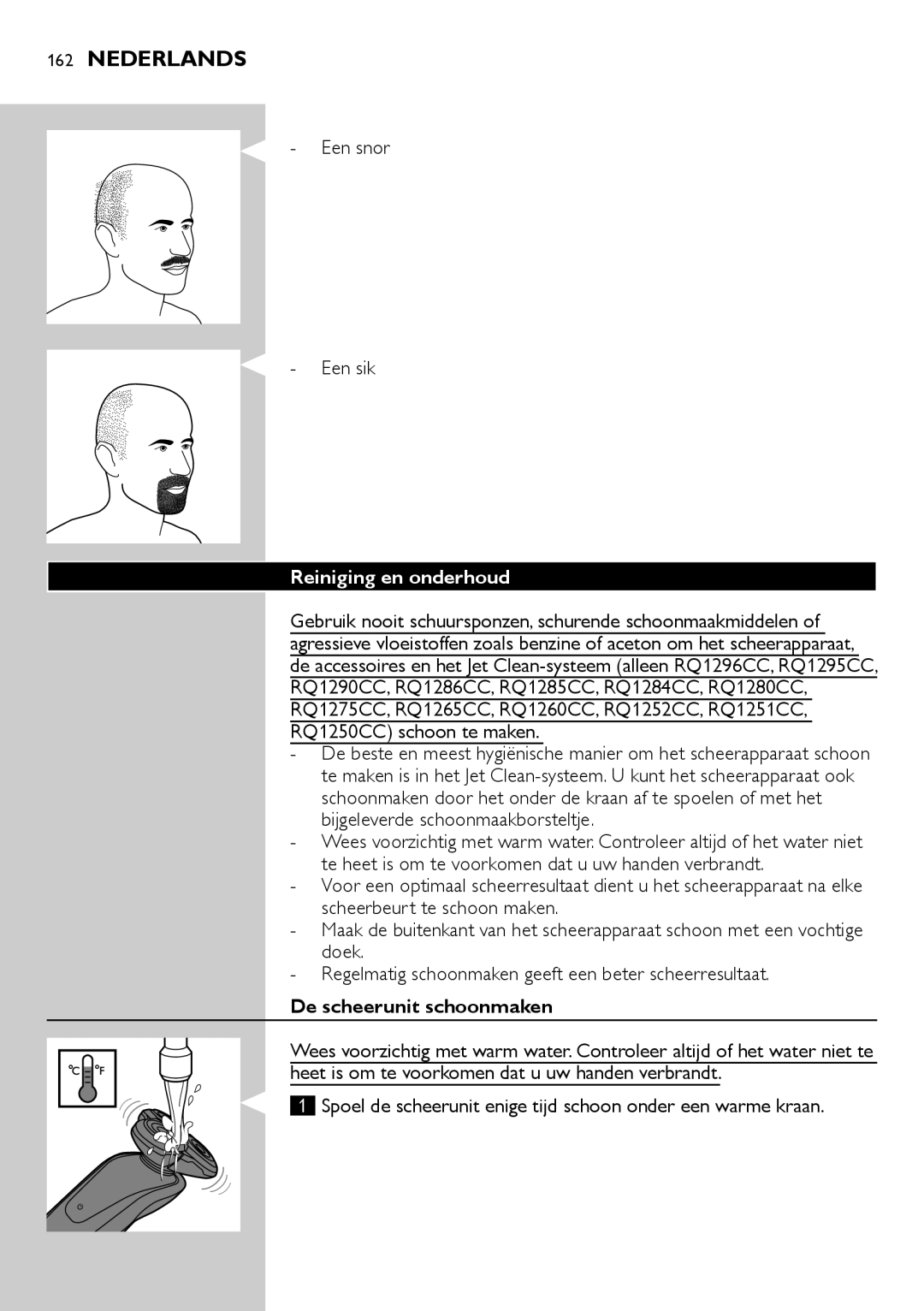 Philips RQ1200 user manual Een snor Een sik, Reiniging en onderhoud, De scheerunit schoonmaken 