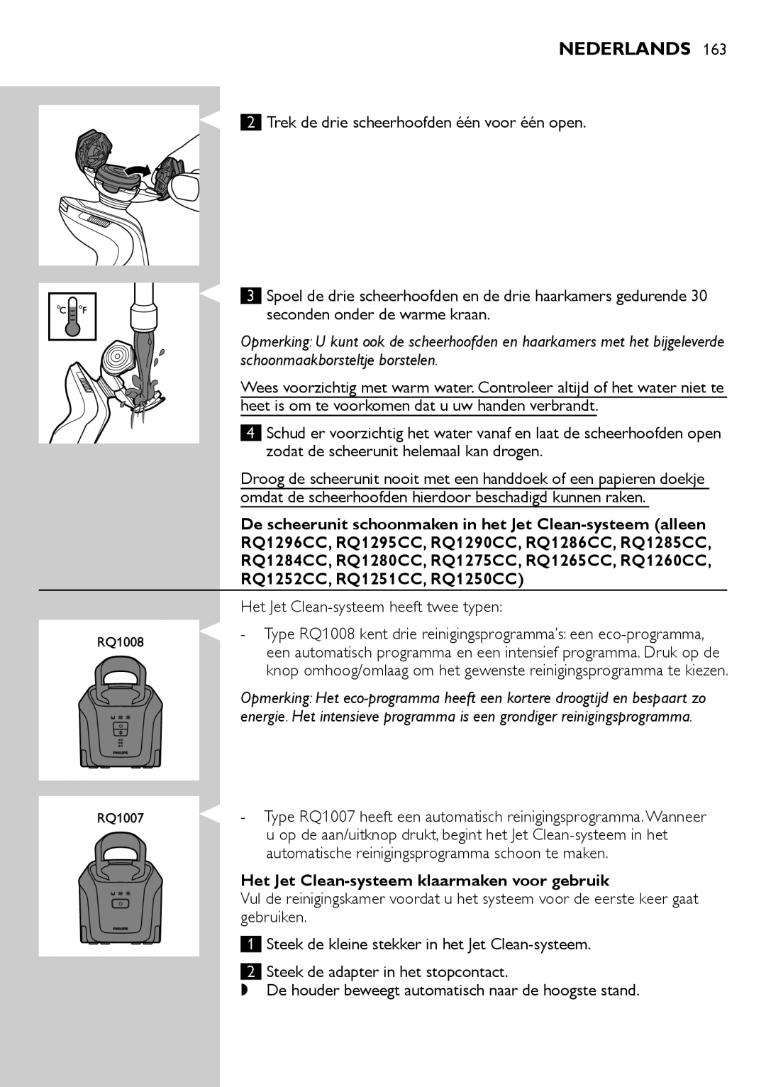 Philips RQ1200 user manual Het Jet Clean-systeem heeft twee typen, Het Jet Clean-systeem klaarmaken voor gebruik 