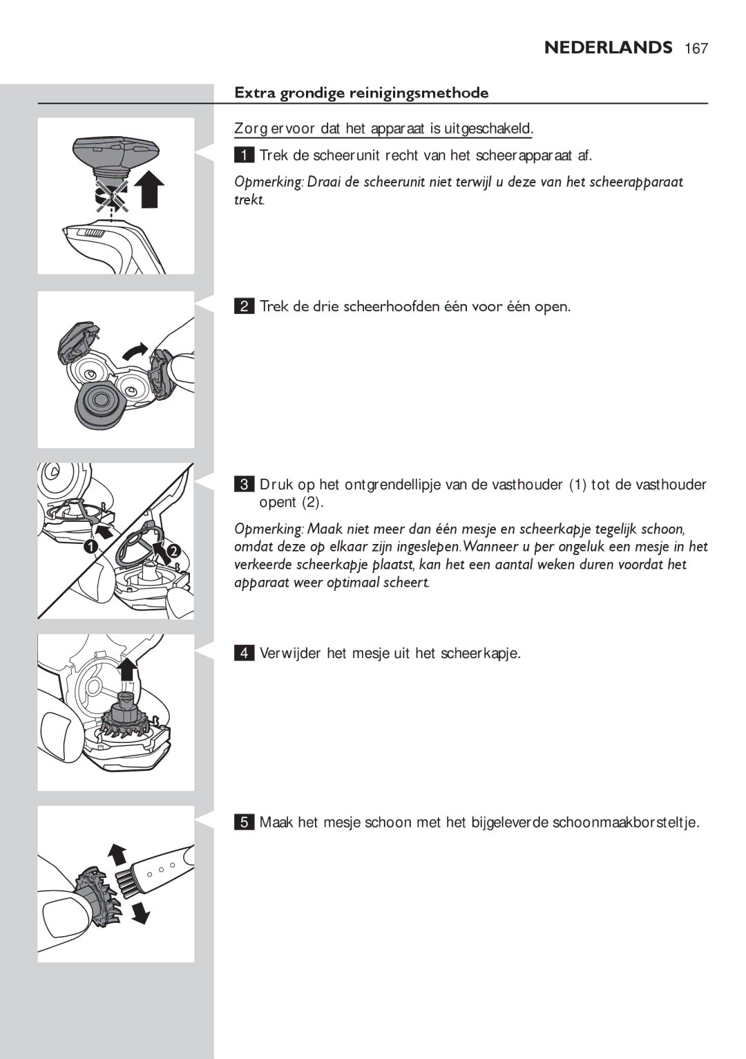 Philips RQ1200 user manual Extra grondige reinigingsmethode, Trek de drie scheerhoofden één voor één open, Opent 