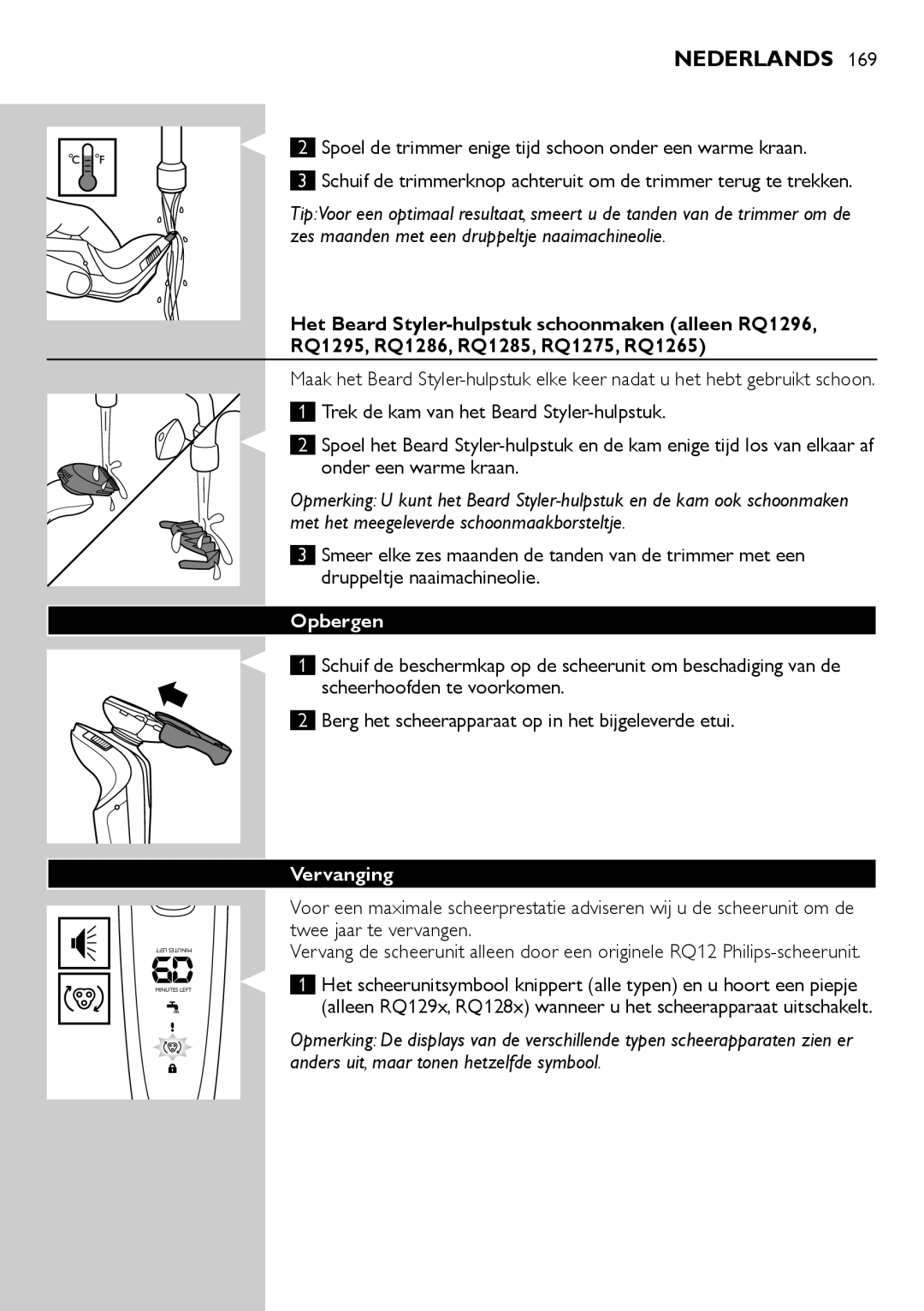 Philips RQ1200 user manual Opbergen, Vervanging 