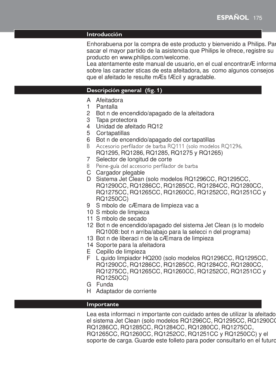 Philips RQ1200 user manual Introducción, Descripción general, 13 Botón de liberación de la cámara de limpieza, Importante 