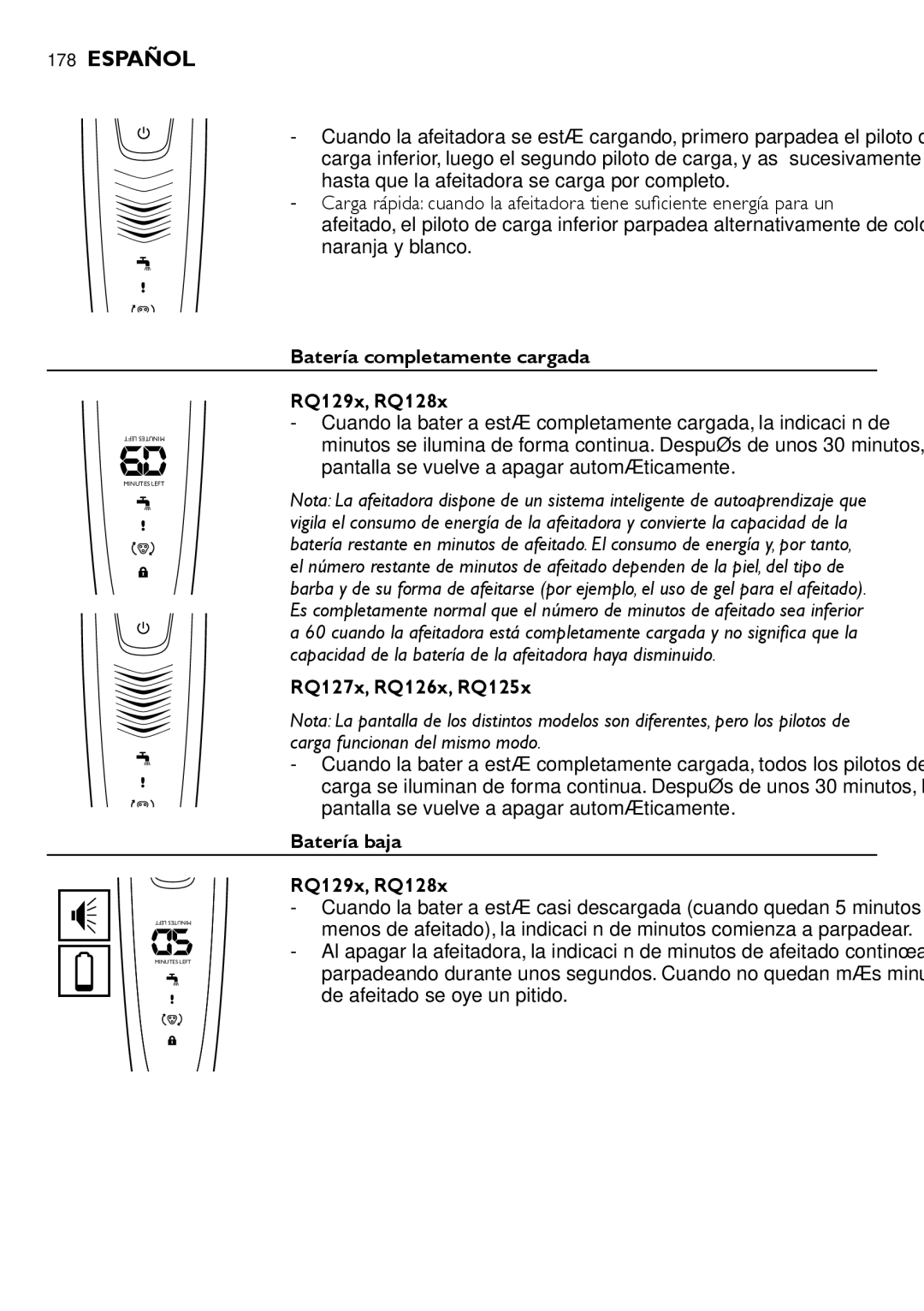 Philips RQ1200 user manual Batería completamente cargada RQ129x, RQ128x, Batería baja RQ129x, RQ128x 