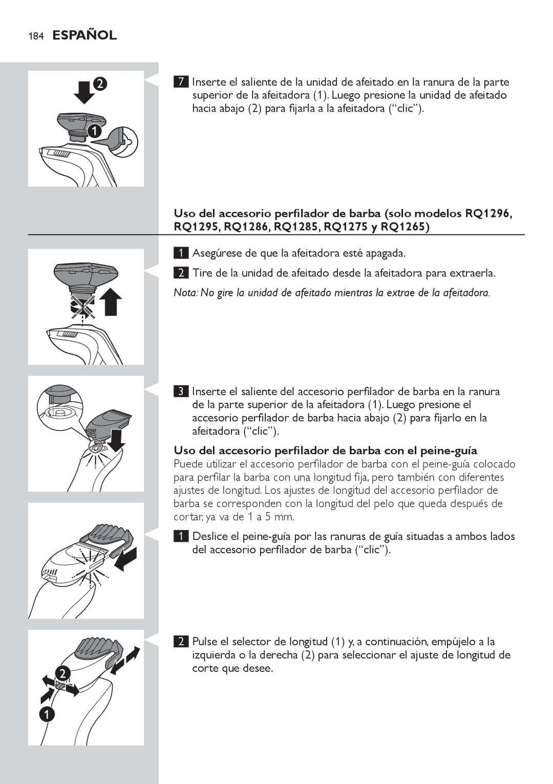 Philips RQ1200 user manual Uso del accesorio perfilador de barba con el peine-guía, Corte que desee 