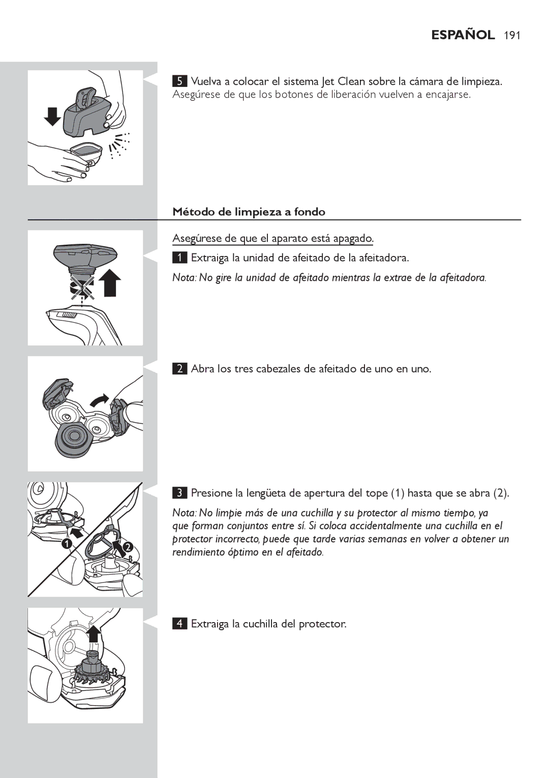 Philips RQ1200 user manual Método de limpieza a fondo, Extraiga la cuchilla del protector.  