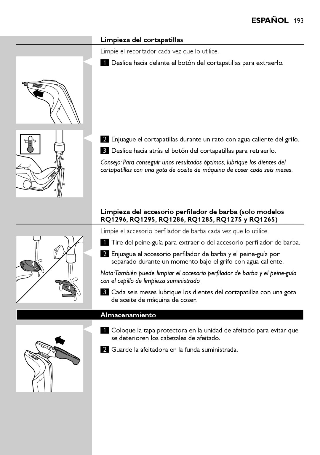 Philips RQ1200 user manual Limpieza del cortapatillas, Almacenamiento 