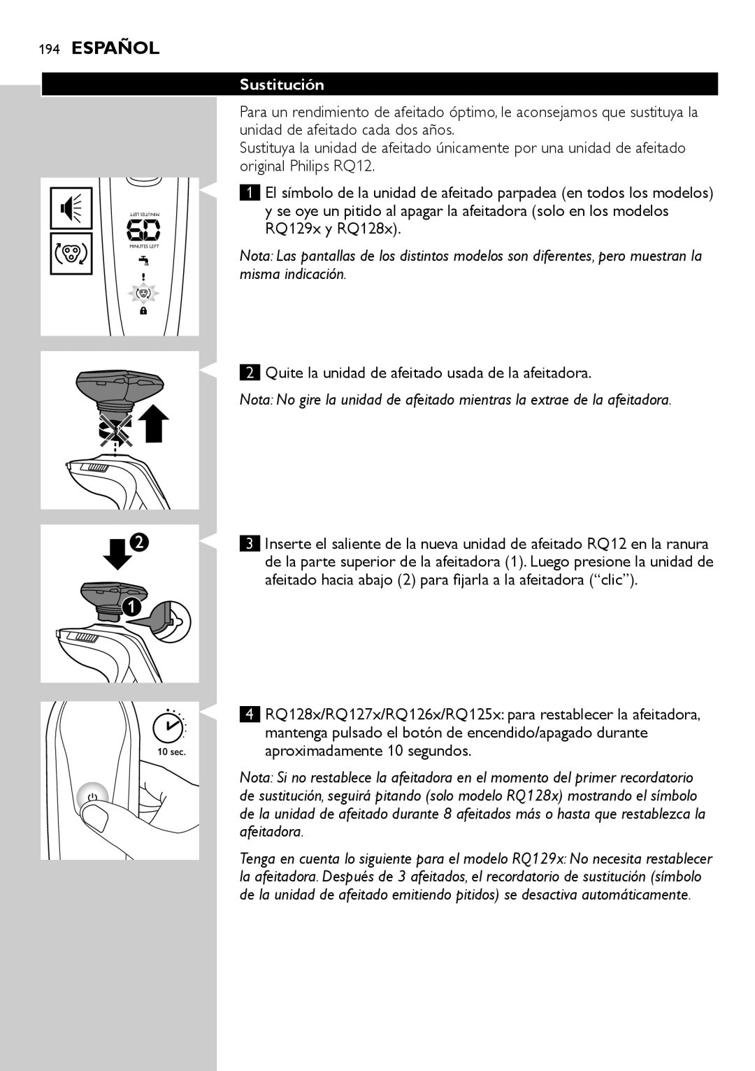 Philips RQ1200 user manual Sustitución 