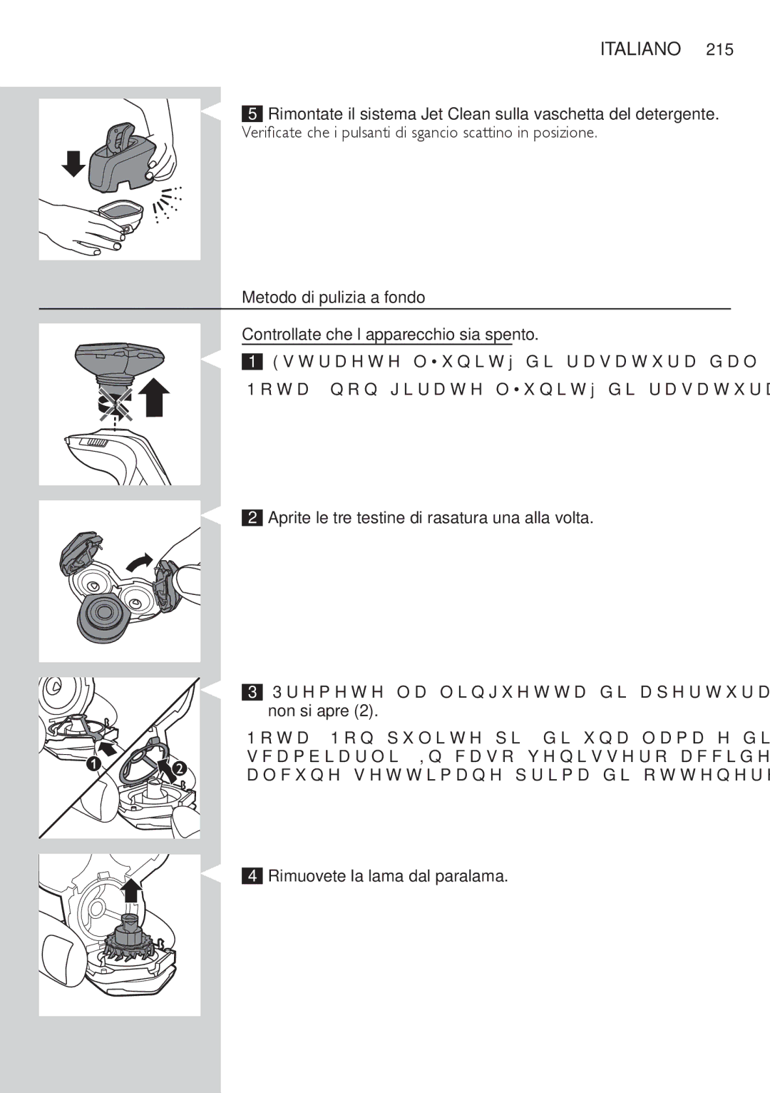 Philips RQ1200 user manual Metodo di pulizia a fondo, Rimuovete la lama dal paralama.  