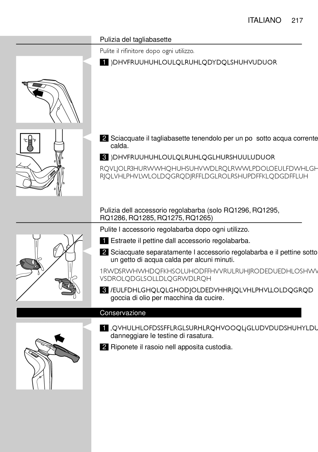 Philips RQ1200 user manual Pulizia del tagliabasette, Conservazione 