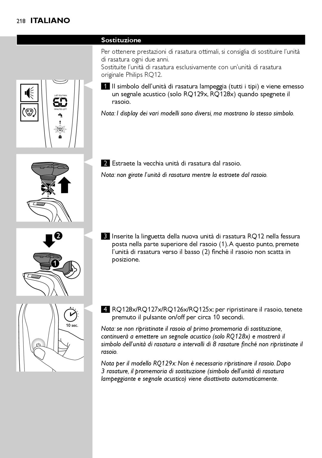 Philips RQ1200 user manual Sostituzione 