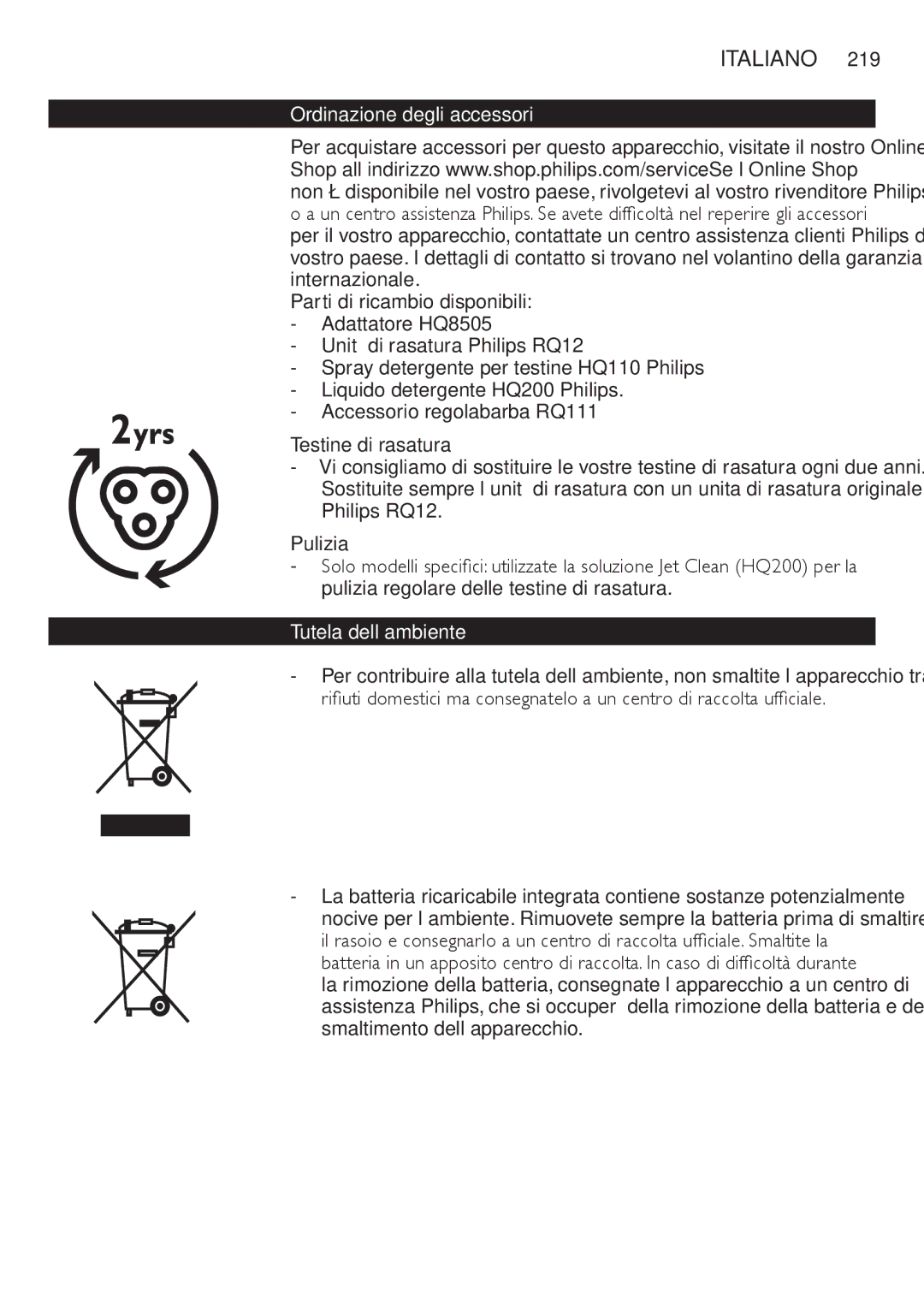 Philips RQ1200 user manual Ordinazione degli accessori, Testine di rasatura, Pulizia, Tutela dell’ambiente 