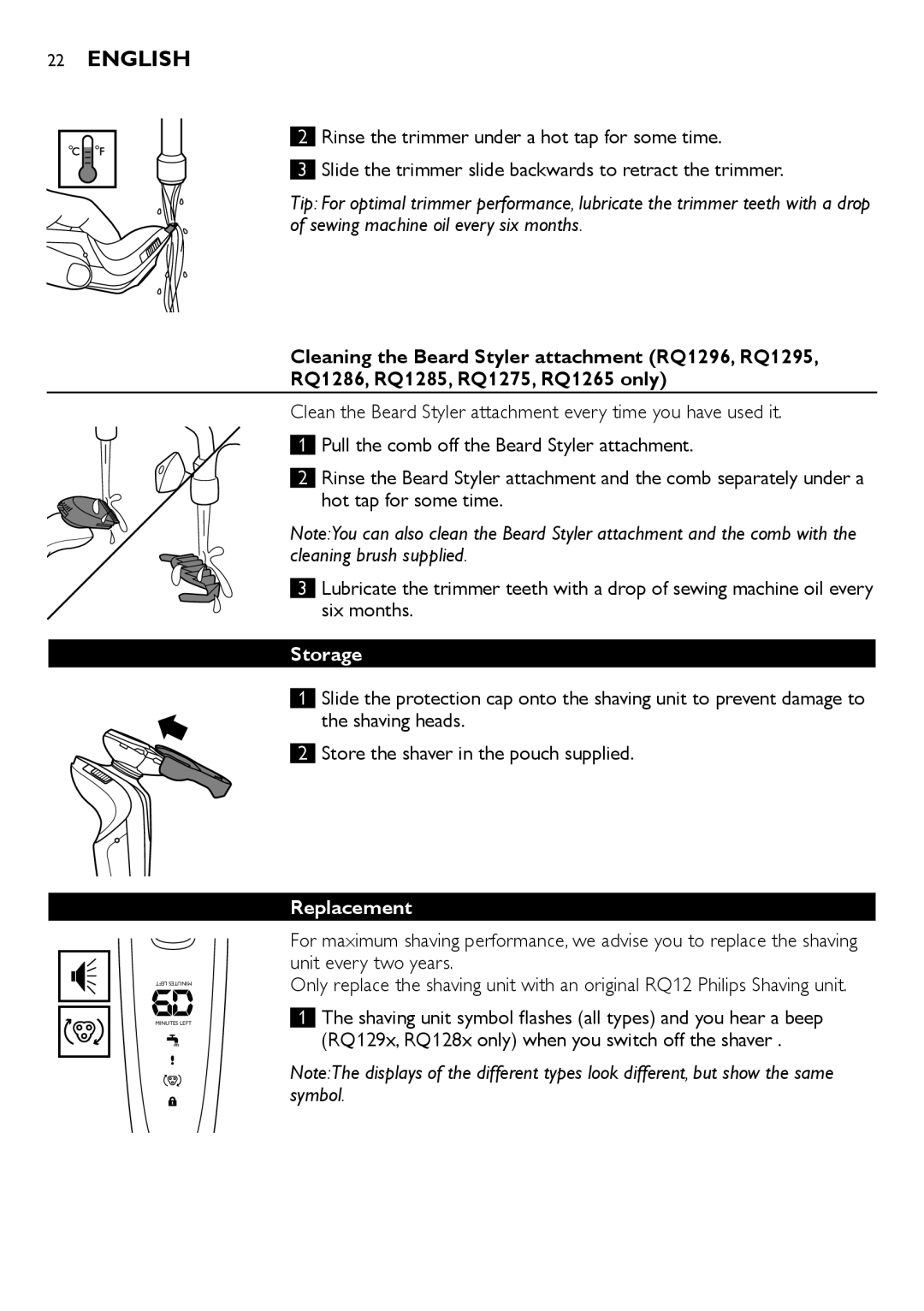 Philips RQ1200 user manual Storage, Replacement 