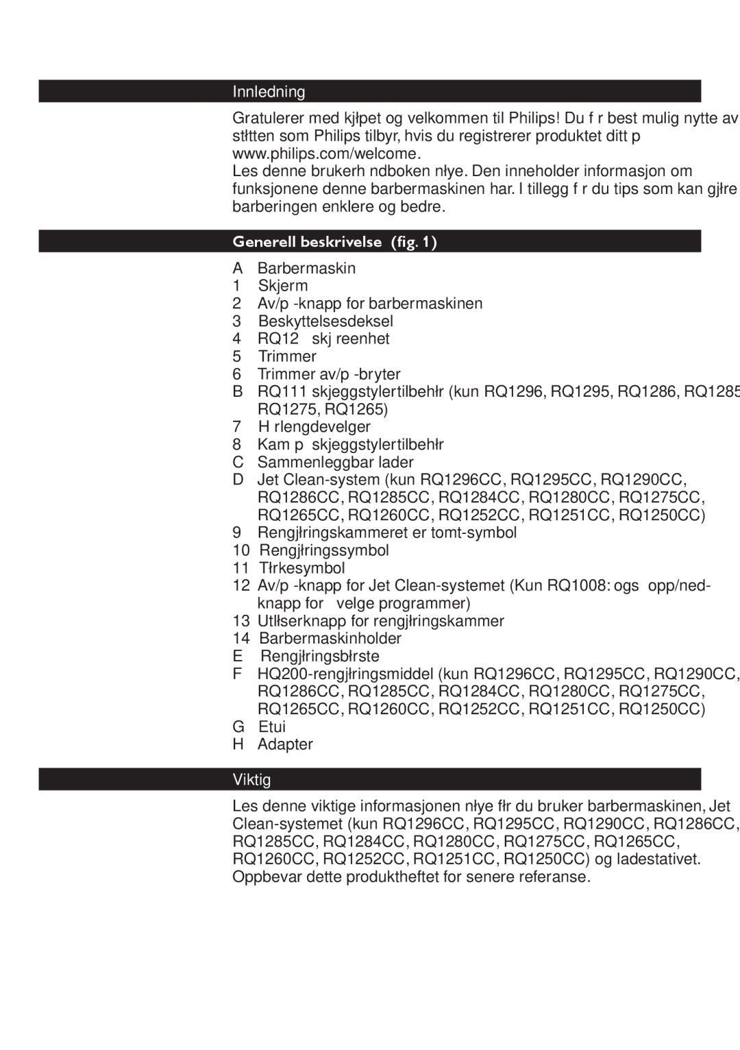 Philips RQ1200 user manual Innledning, Generell beskrivelse, RQ1275, RQ1265 Hårlengdevelger, Viktig 