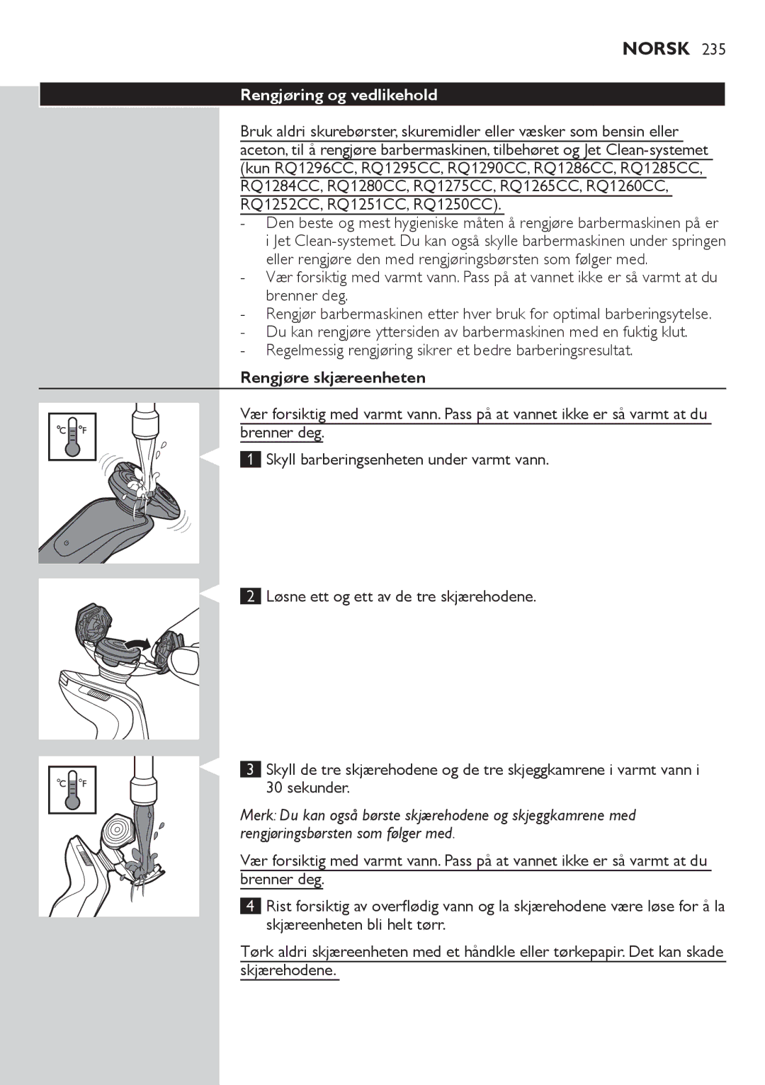 Philips RQ1200 user manual Rengjøring og vedlikehold, Regelmessig rengjøring sikrer et bedre barberingsresultat 