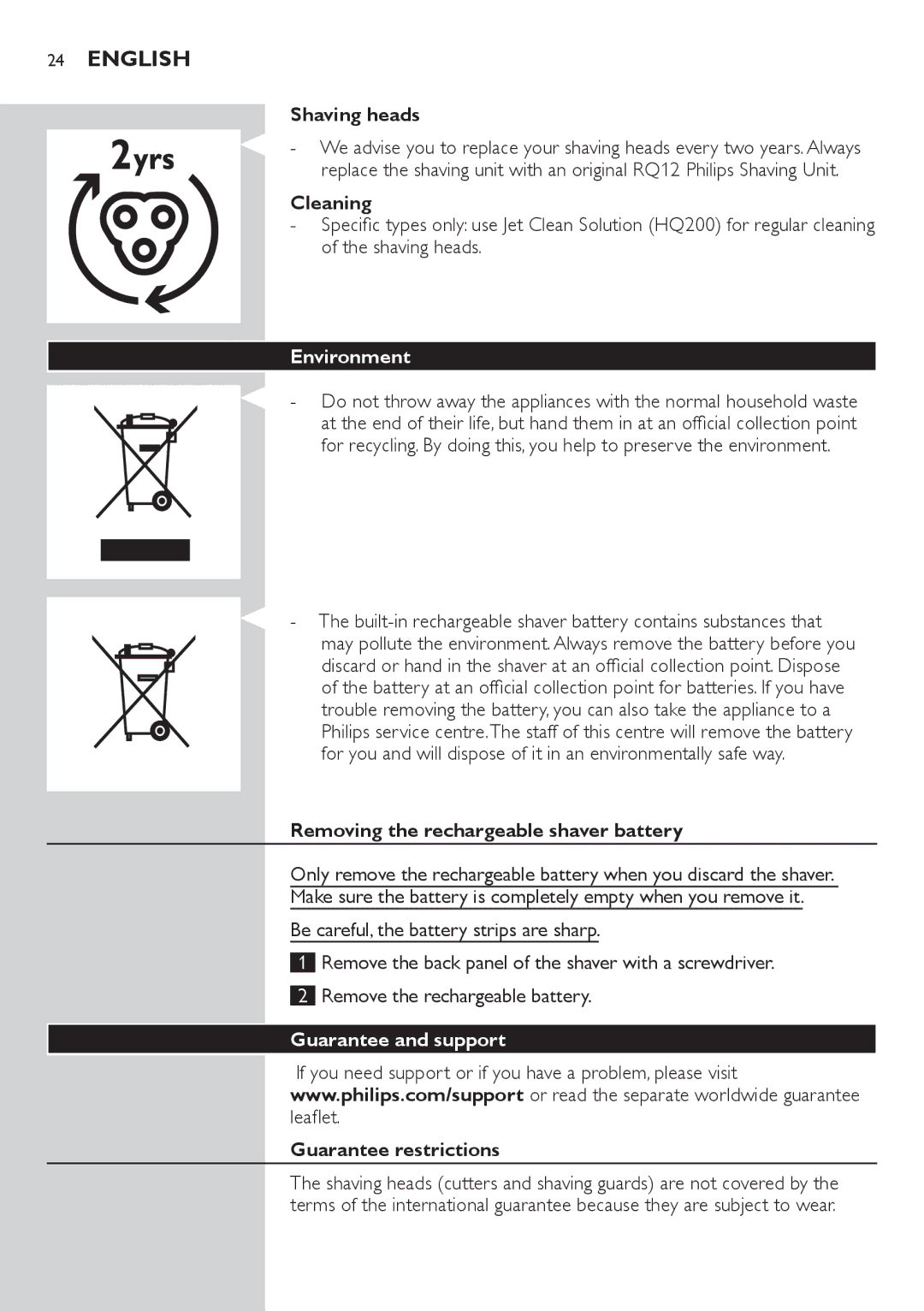 Philips RQ1200 user manual Environment, Guarantee and support 